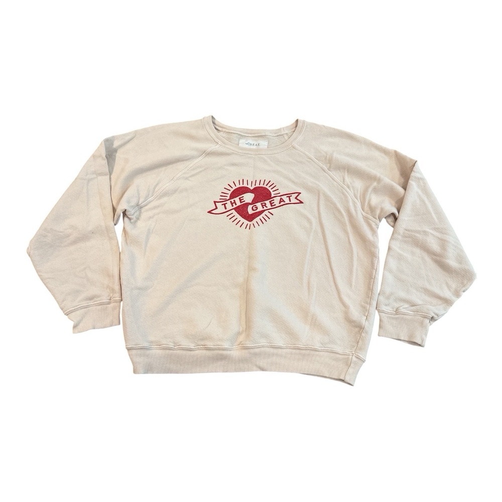 The Great Sweatshirt Womens 3 Beige Terry Crewneck Raglan Pullover Heart Graphic